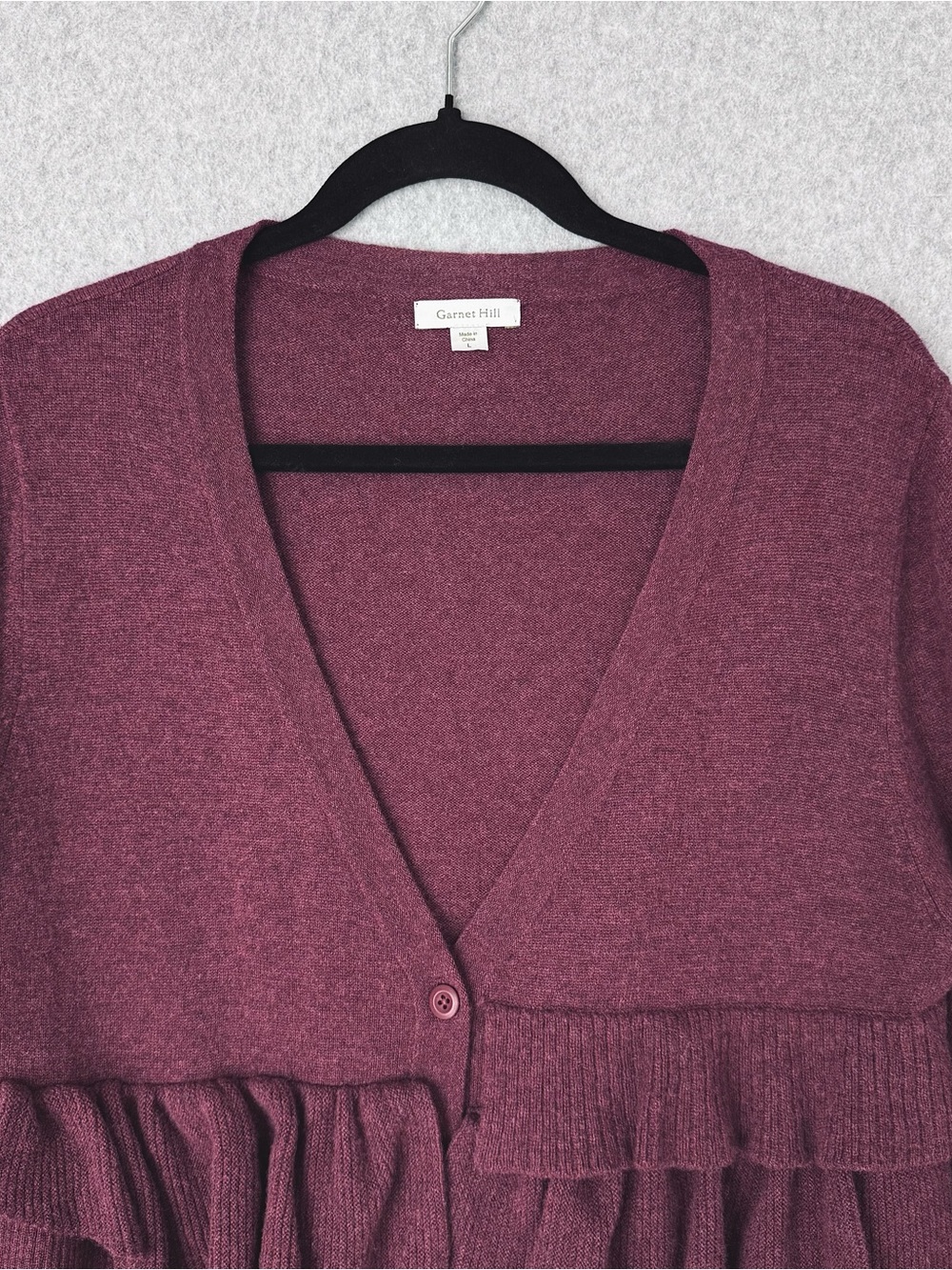 Garnet Hill Cardigan Sweater Large Burgundy Purple Red Wool V-neck Ruffle Front - Picture 3 of 15
